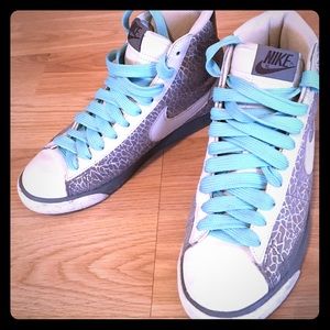 Metallic grey and teal Nike high tops